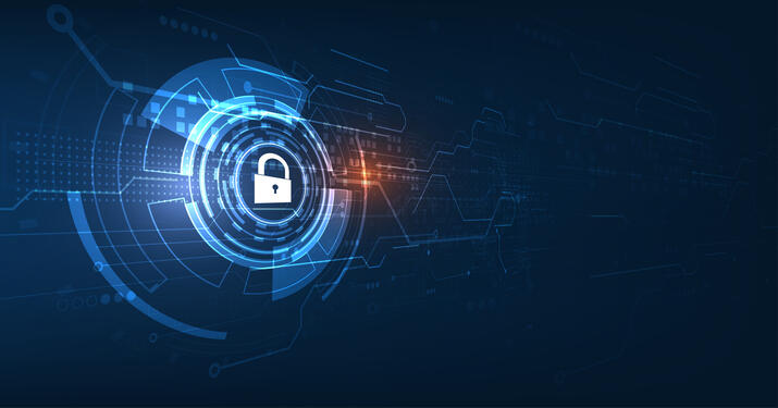 Cyber security concept. Shield With Keyhole icon on digital data background. Illustrates cyber data security or information privacy idea. Blue abstract hi speed internet technology.